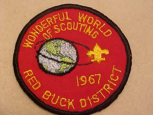 1967 ACTIVITY PATCH, RED BUCK DISTRICT, WONDERFUL WORLD OF SCOUTING, USED