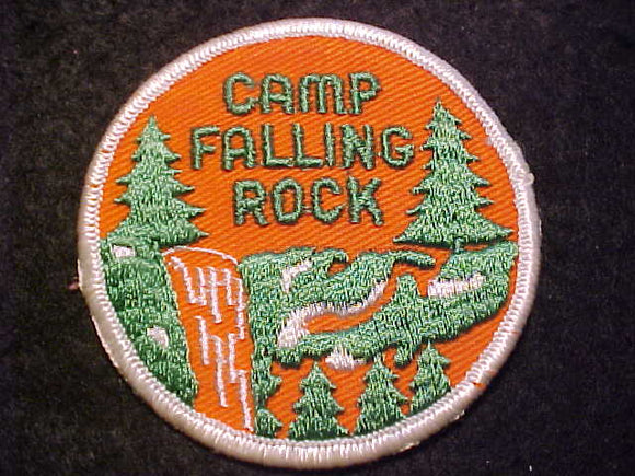 FALLING ROCK CAMP PATCH, 1960'S, ORANGE TWILL-WHITE BDR.