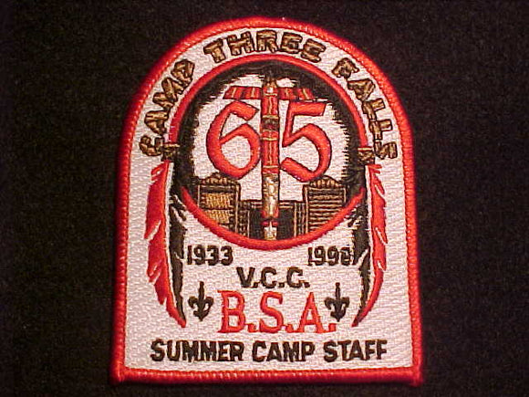 THREE FALLS CAMP PATCH, 1933-1998, 65 YEARS, VENTURA COUNTY COUNCIL, SUMMER CAMP STAFF, RED BDR.