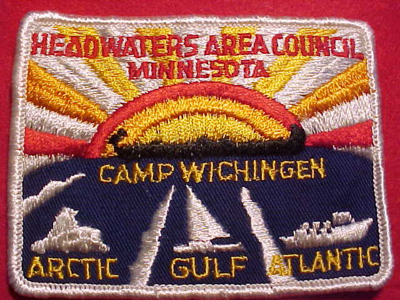 WICHINGEN CAMP PATCH, HEADWATERS AREA COUNCIL, MINNESOTA, 1960'S, YELLOW/ORANGE/RED SUN