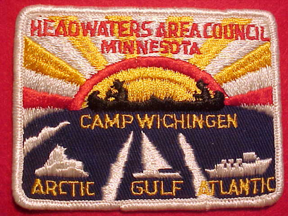 WICHINGEN CAMP PATCH, HEADWATERS AREA COUNCIL, MINNESOTA, 1960'S, YELLOW/RED SUN