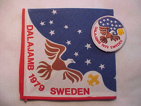 1979 DALAJAMB NECKERCHIEFS + PATCHES, 5 SETS, (THIS WAS THE INTERNATIONAL EVENT HELD IN SWEDEN AFTER THE 1979 WJ IN IRAN WAS CANCELLED