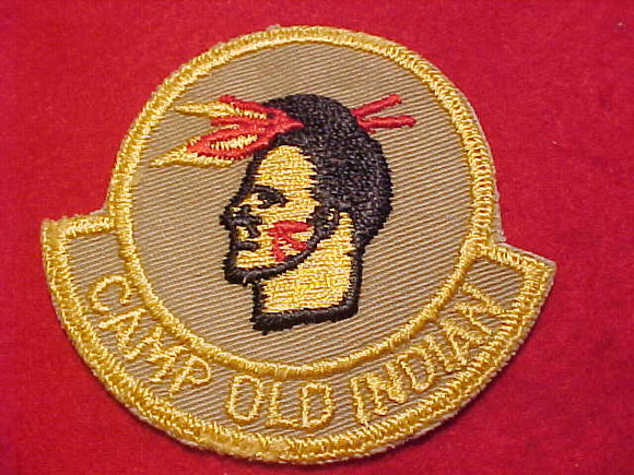 OLD INDIAN CAMP PATCH, 2 FEATHERS, 2ND YEAR CAMPER, YELLOW IN CENTER OF FEATHERS, MINT