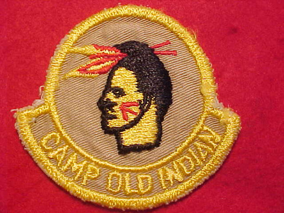 OLD INDIAN CAMP PATCH, 2 FEATHERS, 2ND YEAR CAMPER, YELLOW IN CENTER OF FEATHERS, USED