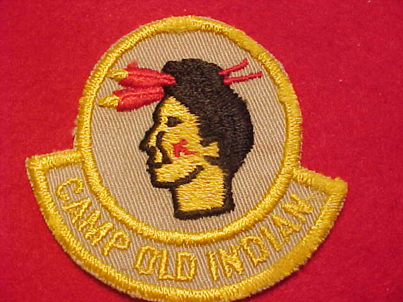 OLD INDIAN CAMP PATCH, 2 FEATHERS, 2ND YEAR CAMPER, YELLOW ON TIPS OF FEATHERS, USED