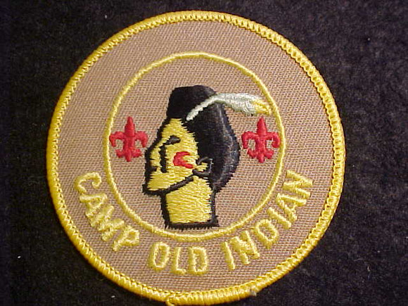 OLD INDIAN CAMP PATCH, 1 FEATHER, TAN TWILL, 2 THIN FDL'S, 3