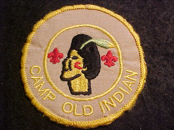 OLD INDIAN CAMP PATCH, 1 FEATHER, FIRST YEAR CAMPER, PB, TAN TWILL, 3