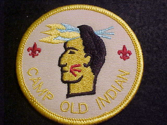 OLD INDIAN CAMP PATCH, 3 FEATHERS, 3RD YEAR CAMPER, WHITE TWILL, 3