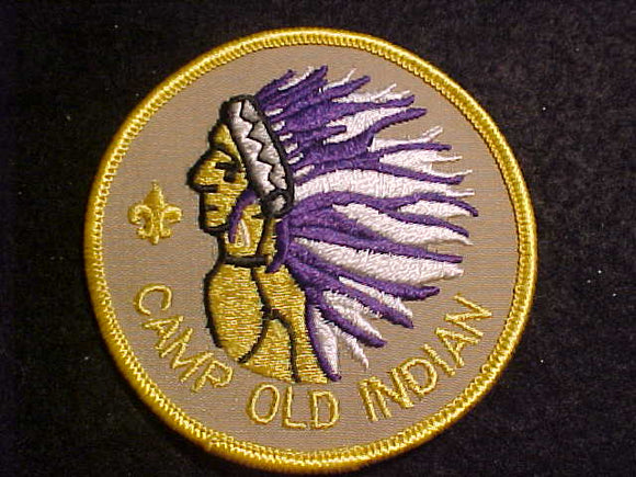 OLD INDIAN CAMP PATCH, FULL HEADDRESS, 4TH YEAR CAMPER OR STAFF, 1 YELLOW FDL, 3