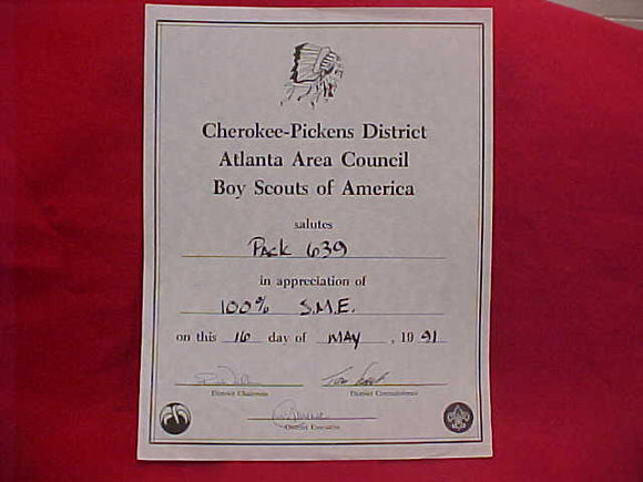 BSA CERTIFICATE, CHEROKEE-PICKENS DISTRICT, ATLANTA AREA COUNCIL, 100% S. M. E., MAY 16, 1991