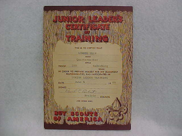 BSA CERTIFICATE, PRARIE COUNCIL, TROOP 200, JUNIOR LEADER'S CERTIFICATE OF TRAINING, QUARTERMASTER, JUNE 4, 1966