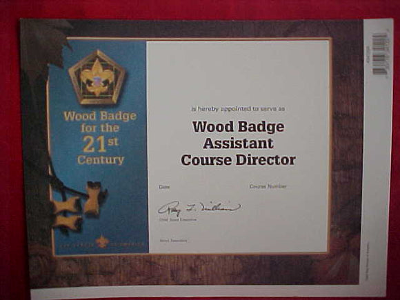 BSA CERTIFICATE, BLANK, APPOINTMENT TO SERVE AS WOOD BADGE ASSISTANT COURSE DIRECTOR, 2002 PRINTING