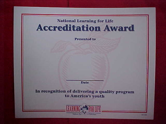 BSA CERTIFICATE, BLANK, NATIONAL LEARNING FOR LIFE ACCREDITATION AWARD