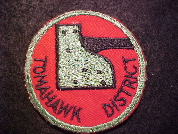 TOMAHAWK DISTRICT PATCH, UNUSUAL RED TWILL, 1950'S