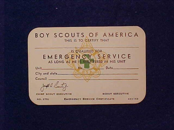 EMERGENCY SERVICE POCKET CARD, PRINT DATE 11/1962, MINT