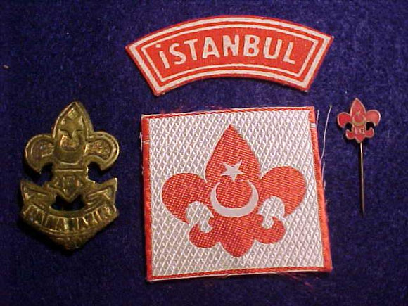 TURKEY BOY SCOUT COLLECTION, 2 PINS, ISTANBUL BADGE, MEMBERSHIP BADGE