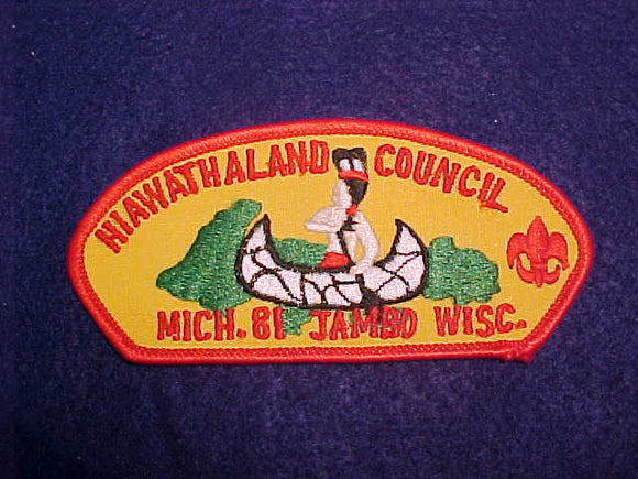 1981 HIAWATHALAND COUNCIL, TWILL BACKGROUND, RED BORDER