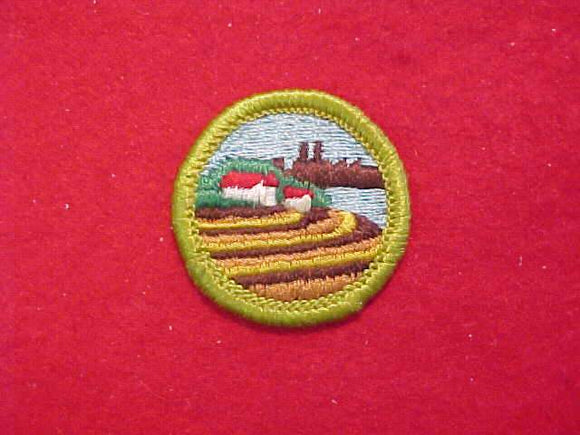 SOIL & WATER CONSERVATION (HORIZONTAL ROWS), MERIT BADGE WITH CLOTH BACK, GREEN BORDER, 1970-72