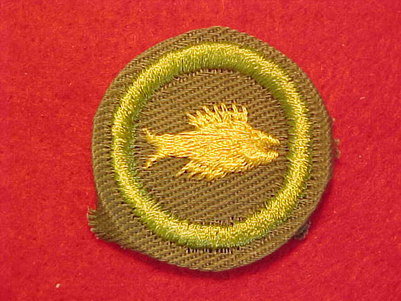 ANGLING/ FISHING, MERIT BADGE WITH CRIMPED EDGE, KHAKI, ISSUED 1946-60