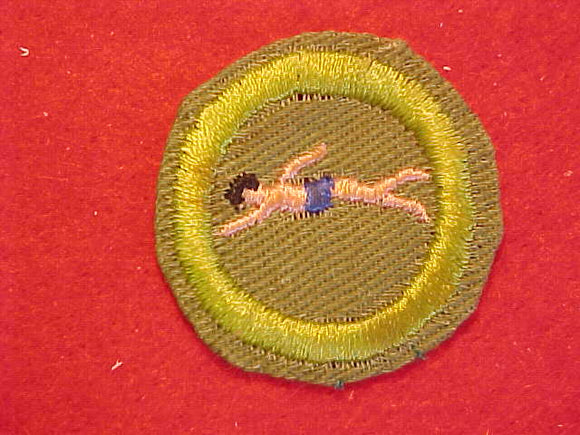 SWIMMING (PINK BODY), MERIT BADGE WITH CRIMPED EDGE, KHAKI, ISSUED 1946-60