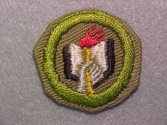 SCHOLARSHIP, MERIT BADGE WITH CRIMPED EDGE, TAN, ISSUED 1936-45