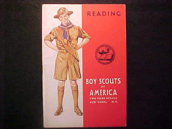 READING MERIT BADGE BOOK, TYPE 4 COVER, COPYRIGHT 1940, MARCH 1943 PRINTNG, V. GOOD COND.