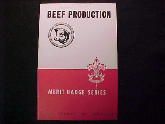 BEEF PRODUCTION MERIT BADGE BOOK, TYPE 5B COVER, COPYRIGHT 1944, APRIL 1944 PRINTING, EXCELLENT COND.