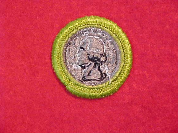 COIN COLLECTING, MERIT BADGE WITH CLOTH BACK, GREEN BORDER, 1969-72 ISSUE