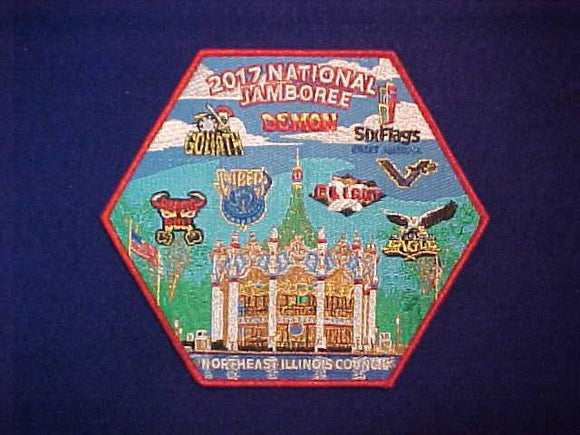 2017 NJ JACKET PATCH, NORTHEAST ILLINOIS COUNCIL, SIX FLAGS ROLLER COASTERS, RED MYLAR BORDER
