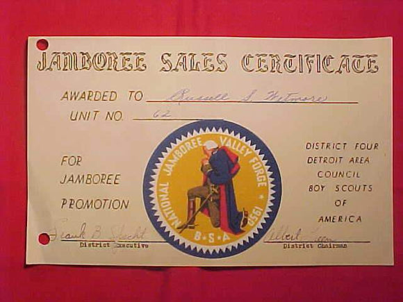 1950 NJ PATCH ON DETROIT AREA C. CERTIFICATE FOR JAMBO PROMOTION