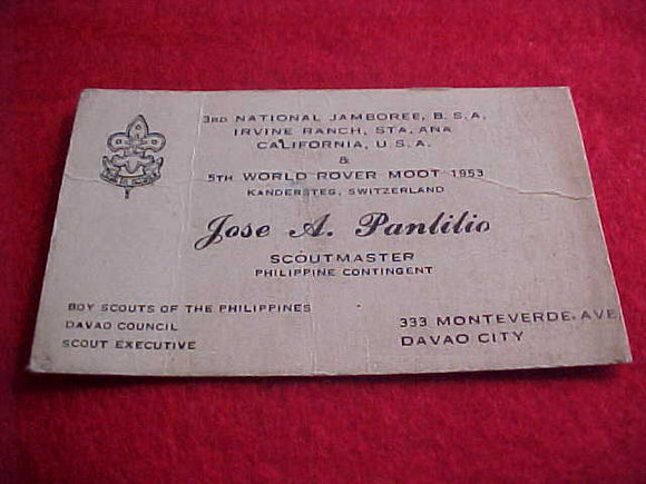 1953 NJ BUSINESS CARD, PHILIPPINE CONTIGENT SCOUTMASTER