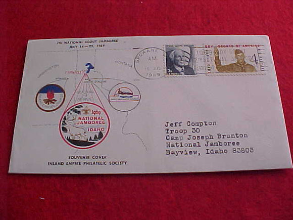 1969 NJ CACHE ENVELOPE,W/ ADDRESS TO TROOP 30, INLAND EMPIRE COUNCIL, 1960 BSA USA 4 CENT STAMP