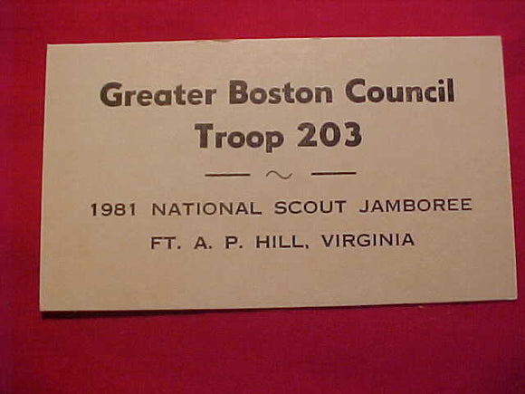 1981 NJ BUSINESS CARD, GREATER BOSTON COUNCIL, TROOP 20