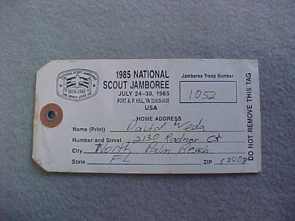 1985 NJ BAGGAGE TAG, WHITE, YOUTH SERVICES, WILCOX, SUBCAMP 32, USED