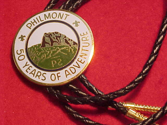 PHILMONT BOLO, 1988, 50 YEARS OF ADVENTURE, BLACK LEATHER STRING