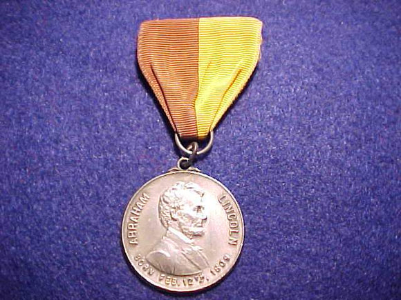 ABRAHAM LINCOLN TRAIL MEDAL, ENGRAVED WITH SCOUT'S NAME AND DATE, 8-27-55 ON BACK