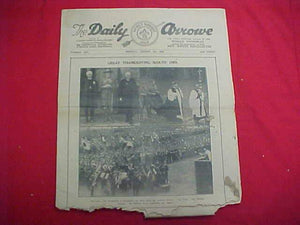 1929 WJ NEWSPAPER, "THE DAILY ARROW", 8/5/29, BADEN-POWELL & ARCHBISHOP OF CANTERBURY ON COVER, BAD COND.