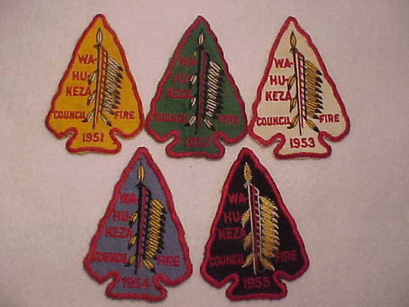 206 TEETONKA PATCH SET, 5 PIECE, 1951-1955, WA-HU-KEZA COUNCIL FIRE ARROWHEADS