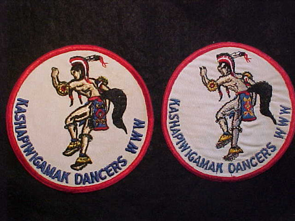 191 R3 KASHAPIWIGAMAK, DANCER PATCHES, 2 VARIETIES, LEFT THIGH ZIGZAG BLACK STITCH VS. WIDE STRIPE, ALSO GRAY BODY VS. TAN BODY COLORS