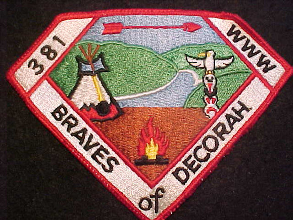 381 P1 BRAVES OF DECORAH N/C PATCH, 1960'S, EXCELLENT COND. W/ STRETCH MARKS FROM REMOVAL FROM N/C