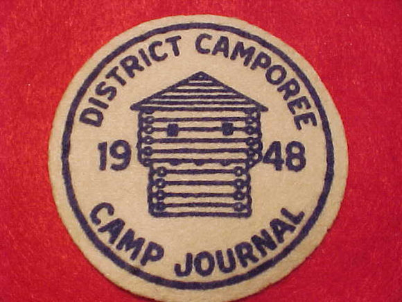 1948 ACTIVITY PATCH, CAMP JOURNAL, MILWAUKEE COUNTY COUNCIL DISTRICT CAMPOREE, BLUE LETTERS, FELT
