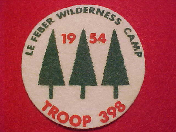 1954 ACTIVITY PATCH, LE FEBER WILDERNESS CAMP, TROOP 398, MILWAUKEE COUNTY COUNCIL, FELT