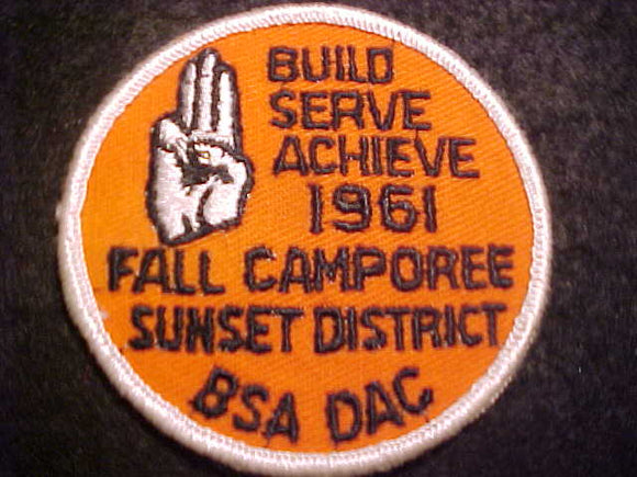 1961 ACTIVITY PATCH, DETROIT AREA COUNCIL, SUNSET DISTRICT CAMPOREE