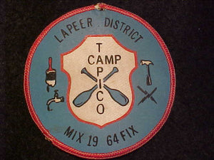 1964 ACTIVITY PATCH, TALL PINE COUNCIL, LAPEER DISTRICT, CAMP TAPICO MIX FIX, 4" ROUND, USED
