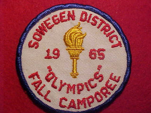 1965 ACTIVITY PATCH, TALL PINE COUNCIL, SOWEGEN DISTRICT, "OLYMPICS" FALL CAMPOREE