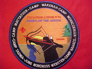 10 J1 TSCHITANI JACKET PATCH, 6 CAMPS: MATTATUCK/WAKENAH/WORKCOEMAN/NAHACO/TADMA/JUNE NORCROSS WEBSTER