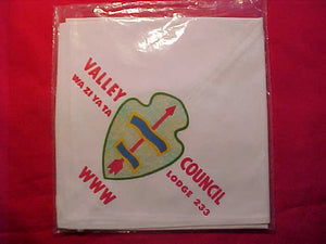 233 N1 WA-ZI-YA-TA NECKERCHIEF, VALLEY COUNCIL, SILKSCREEN, MERGED 1974, MINT IN ORIG. BAG