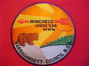 534 J3 WINCHECK JACKET PATCH, MERGED 2002, NARRAGANSETT COUNCIL, 6" ROUND