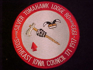 80 J10 SILVER TOMAHAWK JACKET PATCH,  1917-1993, SOUTHEAST IOWA COUNCIL, 6" ROUND