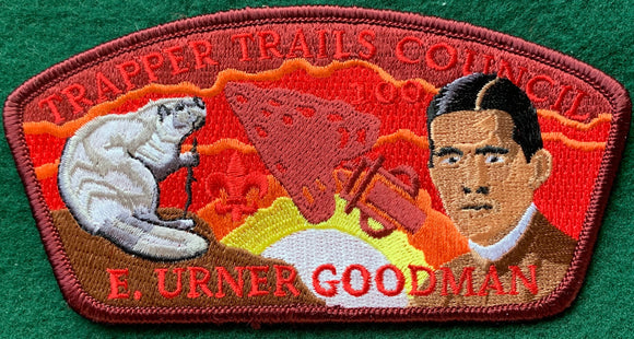 Trapper Trails Council, Awaxaawe Awachia Lodge 535 OA Centennial Commerative Edition OA CSP SA-190. 'E. Urner Goodman' Embroidered Detailing. Dark Red Border. Mint Condition.